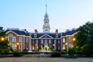 Delaware Capitol Building with lights turned on at sunset