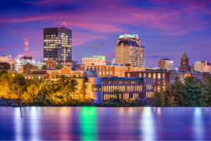 Manchester, New Hampshire, USA Skyline on the Merrimack River.